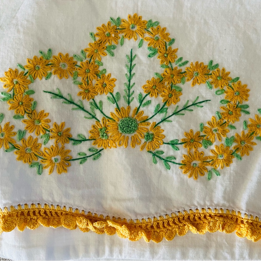 Vintage Standard Pillowcase Yellow Embroidered Flowers Cottagecore Floral Linens